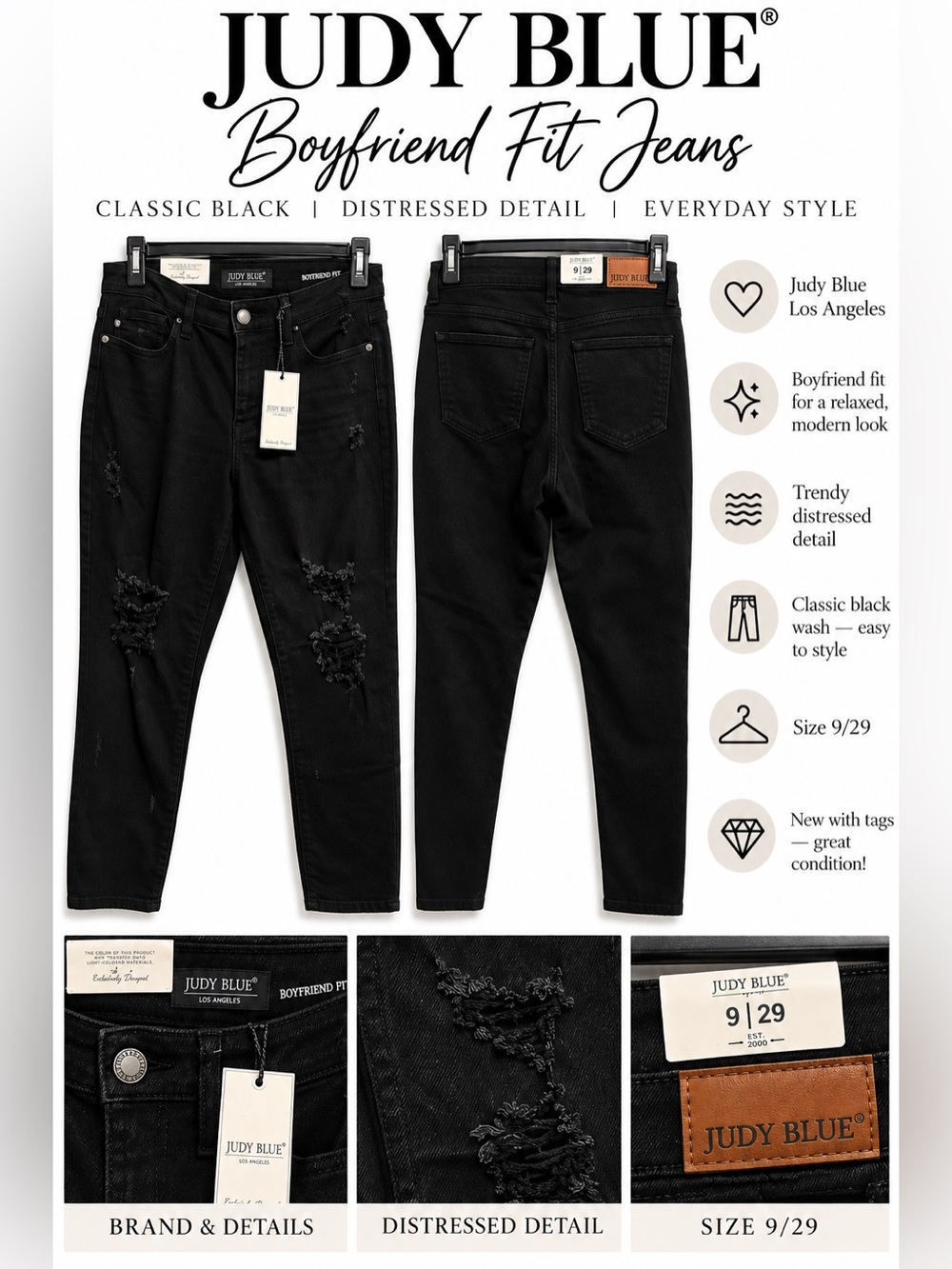 Judy Blue Classic Black Distressed Boyfriend Jeans